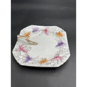 Vtg Occupied Japan Square Scalloped Floral Trinket Dish Handle Pink Purple Orang